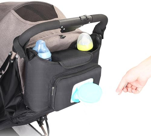 Universeller Kinderwagen-Organizer mit isoliertem Getränkehalter, Handy-Tasche und Schultergurt, Kinderwagen-Organizer Zubehör für Kinderwagen wie Uppababy, Baby-Jogger, Britax, Bob, Regenschirm und