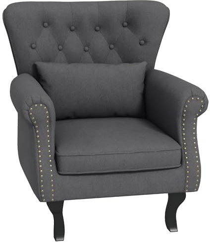HOMCOM Wingback Armchair, Linen Fabric Accent Chair, Upholstered Fireside Chair with Pillow, Button Tufted Back for Living Room, Bedroom, Home Office, Dark Grey