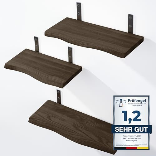 LAMO Manufaktur 3 Stück Wandregal Holz 40/35/30cm | Schweberegal Massiv 100% Echtholz | Hängeregal für Wohnzimmer, Schlafzimmer, Küche, Büro, Badezimmer | Wandregale Set 1 Baumkante Farbe: Schwarz