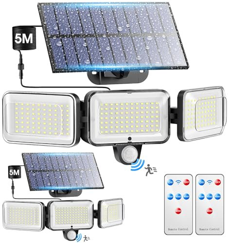PIKOY Solar Security Lights Outdoor Motion Sensor, 224 LED+2000LM+300° Wide Angle Outdoor Security Lighting, Remote 4 Modes Solar Flood Lights Outdoor Lights,IP65 Waterproof Solar Security Light-2Pack