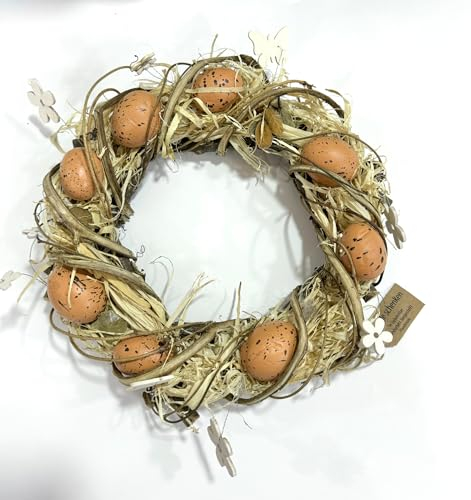 Osterkranz Natur Ø 30 cm, Türkranz mit Ostereier, Osterkranz, Eierkranz als natürlich Dekoration, Osterkranz mit Holzapplikationen Natur in Handarbeit gefertigt