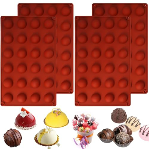 4 Pieces Chocolate Ball Mould, 24-Cavity Hot Chocolate Bomb Mould | 3cm Round Silicone Moulds, 30x17cm Hemisphere Silicone Chocolate Molds Making Set, for Making Chocolate, Jelly, Mousse