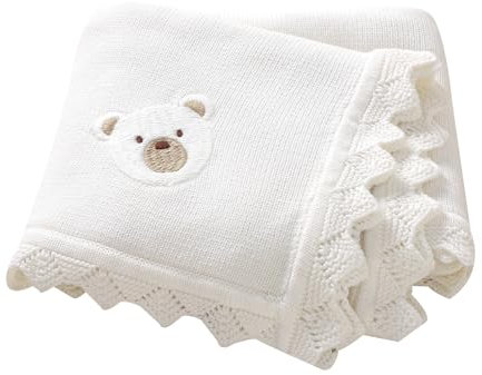 DovFanny Couverture en coton cellulaire tricoté doux pour bébé garçon et fille Newbron avec joli ours brodé