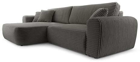 FurniShop24 Ecksofa mit Schlaffunktion und Bettkasten – Stilvolles Schlafsofa 297x169 cm mit Bequemer Polsterung und Dekokissen, L-Form Sofa, Eckcouch für Wohnzimmer Happy Dunkelgrau Links