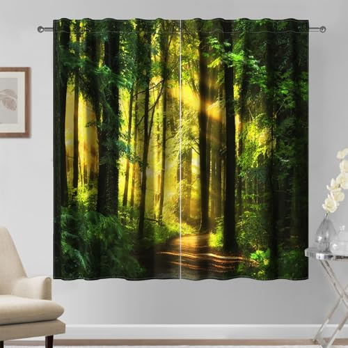 Kzzfqxb 107×160cm Forest Gardinen 2 Paneele, Goldenes Sonnenlicht durch grünen Wald, üppige Bäume, Warmer Weg, Drape Gardinen, Fenstergardinen für Wohnzimmer und Schlafzimmer
