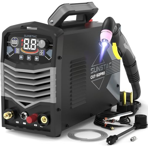 Sunstac 50A Plasmaschneider, Non Touch Pilot Arc Großes LCD-Display Hochfrequenz-Schneidemaschine mit 110/220V Dual Voltage IGBT Inverter 4/5 Zoll Max Cut 2T/4T Modus, Profi & Anfänger DIY
