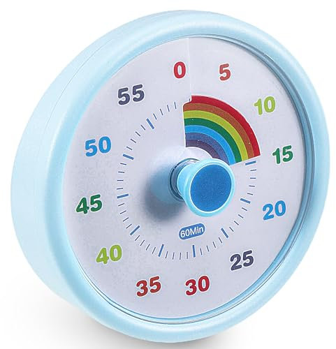 Temporizador visual para niños, cuenta regresiva de 60 minutos con funcionamiento silencioso, temporizador para niños, para aula, oficina, cocina, escritorio, diseño de arco iris, color azul