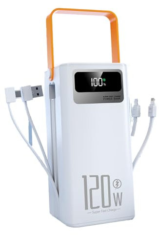 Portable 120W Power Bank 120000mAh 120W/66W Powerbank battery Charger pack Fast charging Large Capacity 7-Port Fast Charger LED Display USB C, Built-in Cables for Multiple Devices (white) UK instock