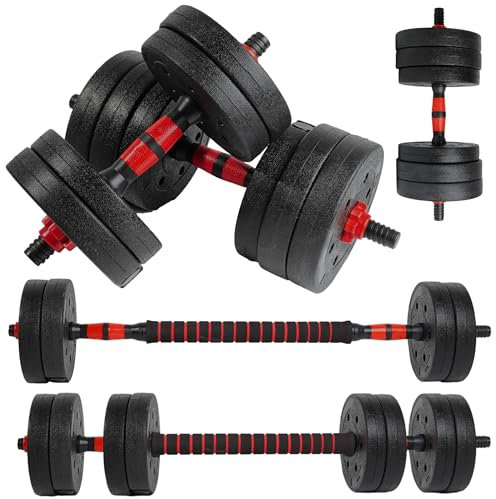 unycos - Manubri Regolabili con Dischi 20 kg【E-Book con 50 Esercizi】Coppia di Pesi con Barra di Collegamento Antiscivolo per Allenamento, Palestra in Casa, Fitness (Red Transformer)