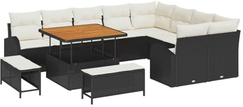 vidaXL 12-TLG. Gartensofa-Set mit Kissen, Schwarz und Creme, aus Poly-Rattan und Akazienholz, für Terrasse, Balkon, Lounge, modulare Sitzgelegenheiten, Alfresco Entspannung