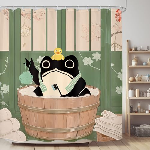 LGhtyro Lustiger Frosch-Duschvorhang, Badezimmer-Set, 180 x 180 cm (B x H), niedliches Tier, asiatischer Stil, traditionelle japanische Kunst, Kirschblüte, Badezubehör, Gummi-Ente, Kunst