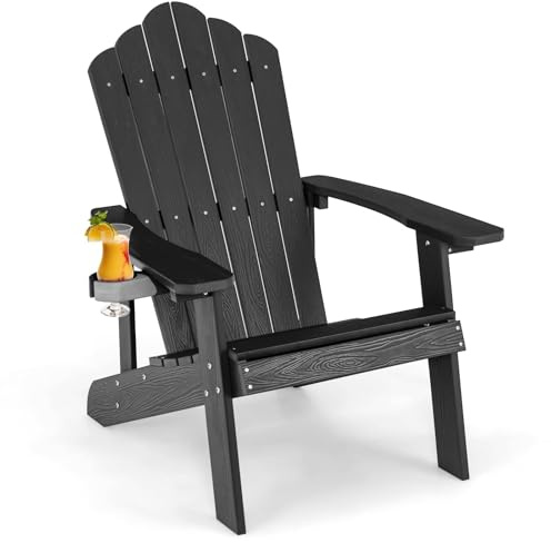 FANTASK Adirondack Stuhl mit Getränkehalter, wetterfester Gartenstuhl, Gartensessel aus Kunststoff, 170 kg Tragfähigkeit, Schwarz