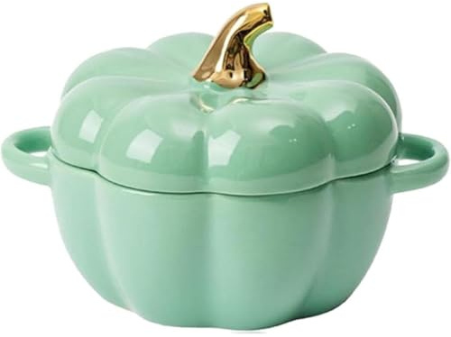 Ceramic Pumpkin Casserole Dish with Lid, Oven Safe Pumpkin Bowls with Handle, Dutch Oven Halloween Soup Pot Heat for Home Kitchen Egg Custard Halloween Decor Storage Jar for Home (Green)