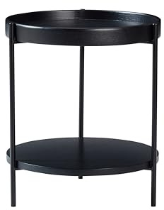 Modern 2-Tier Round Side Table, Nordic Style Wood-Grain Tray End Table with Metal Frame, Sofa Side Table for Living Room (Black)