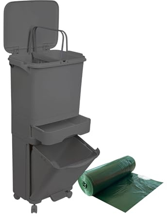 Abfalleimer mit Fußpedal, Rollen und Griff mit 3 Fächern, 42 l (24 l + 4 l + 14 l) anthrazitgrau, inklusive Geschenktüten