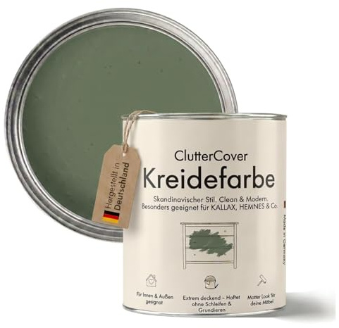 Clutter Cover Möbelfarbe ohne Schleifen 750ml - Kreidelack geeignet zum Streichen beschichteter Möbel, Kreidefarbe für Holz, Melamin, Pressspan, Kunststoff & Fliesen, für ca. 6m² (Eukalyptus)