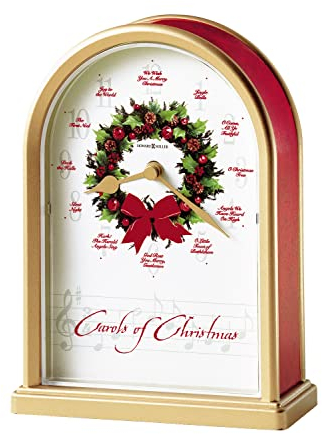 Howard Miller Carols of Christmas II Tischuhr 645-424 – satiniertes Messing-Finish, rote Marmor-Seiten, dekorativer Kranzzentrum, 12 Musiklieder, Quarzwerk