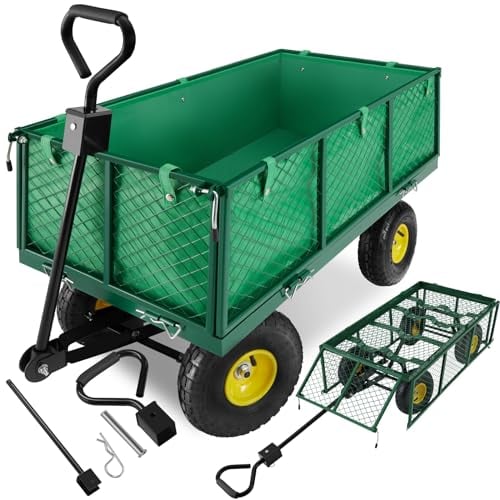 tecTake® Carro Jardín Plegable con Ruedas, Carretilla de Mano, Carga Máx. 550 kg, Carro Transporte Playa, Mango Acolchado y Desmontable, Funda Lavable, Carro con Ruedas Robustas - Verde