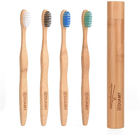 Spazzolino bamboo, spazzolini da denti bambu ecologico, 100% biodegradabili, naturali e vegani. Pacco da 4 spazzolini a setole morbide + una custodia di bambù.