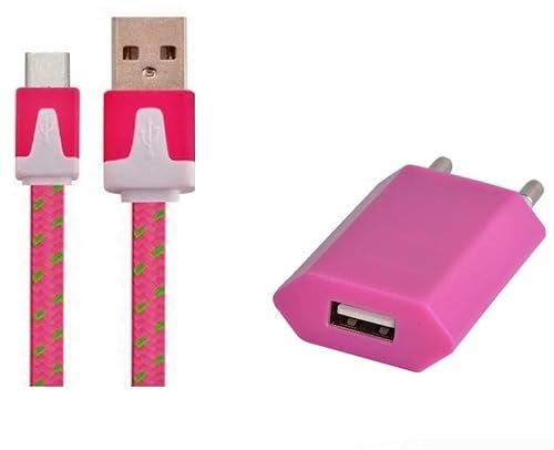 Pack Chargeur pour LG G6 Smartphone Type C (Cable Noodle 1M Chargeur + Prise Secteur USB) Murale Android (Rose Bonbon)