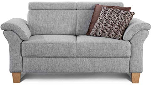 Cavadore 2-Sitzer Sofa Ammerland / Couch mit Federkern im Landhausstil / Inkl. verstellbaren Kopfstützen / 156 x 84 x 93 / Strukturstoff hellgrau