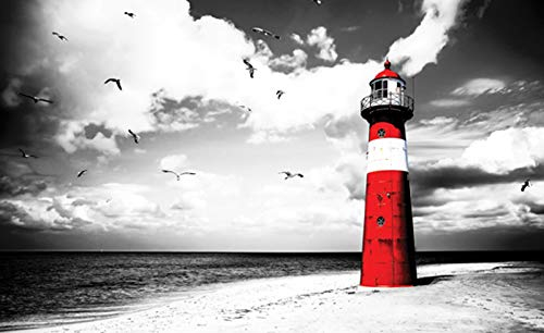 Forwall Fototapete Strand Meer Nordsee grau Leuchtturm Landschaft Wohnzimmer Schlafzimmer Vlies Tapete Wandtapete UV-Beständig Montagefertig (2026, V8 (368x254 cm) 4 Bahnen)