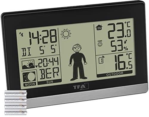 TFA Dostmann Funk-Wetterstation Weather Boy, 35.1159, Außen-/Innentemperatur, Wettervorhersage, Mondphase/Sonneauf-und untergänge (Schwarz mit Batterien)