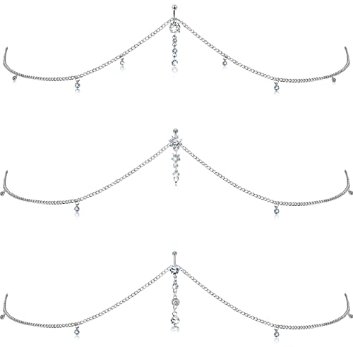 3 Stück Strass Körperketten Frauen Bauchnabel Ringe mit Ketten Silber Taille Bauchketten Strass Kristall Taillenketten Bikini Ketten Strand Körper Schmuck für Damen (Silber)