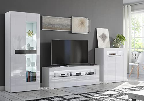 Furneo High Gloss & Matt White Living Room Set TV Stand Sideboard Display Cabinet White LED Lights