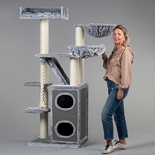 RHRQuality Arbre à Chat Grand Chat XXL Cat Penthouse pour Maine Coon Grand Arbre à Chat Lourd pour Chat Escalade et Meubles à gratter Tronc épais (Plus, Gris Clair)