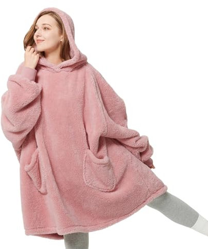 Bedsure Oversized Wearable Blanket Hoodie - Fluffy Fleece Adults Hooded Hoody Blanket for Men & Women, Comfy Snuggle Hoodie Blanket Gift for Her, Gift for Women, Mellow Rose