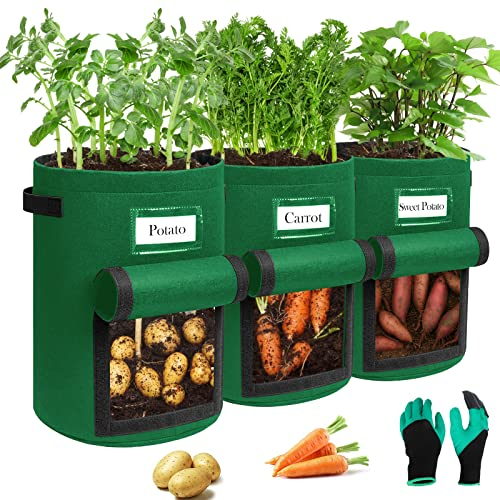 Airminti 3-Pack 10 Gallonen Kartoffel Pflanzsack, Pflanzbeutel mit Stabilen Griffen und Visualized Flap, Verdickte und Atmungsaktive Vliestöpfe mit Gartenhandschuhe für Tomaten, Kartoffeln