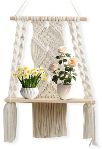 Tuzsocr Boho Macrame Wall Hanging Shelf,boho Room Decor Floating Shelf,Wall Hanging Holder Hanging Bohemian Shelf Tapestry,Macrame Handmade Cotton Rope Shelf Plant Holder,for Home Wall Decor