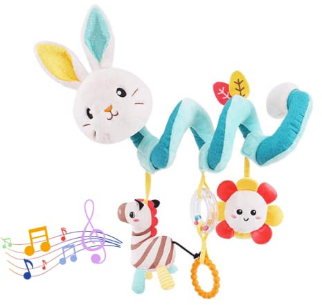 XinCDD Babyschale Spielzeug, Baby hängendes Plüschtier, Activity Spirale Für Kinderwagen Bett Babyschale, Für Kleinkind Jungen Mädchen ab 0+ Monaten (Weiß Kaninchen)