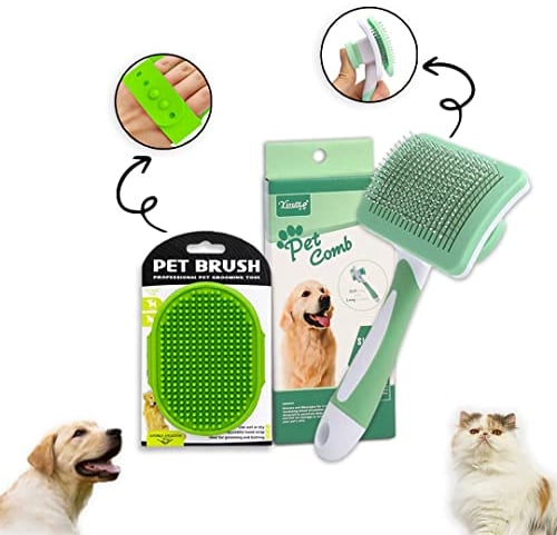 2 pcs Self-Cleaning Slicker Dog Brush With Bath Massage Brush, Pet Grooming Kit For Shedding Long & Short Haired Dogs And Cats. Skin-Friendly Dirt, Hair Remover Comb.. (green)