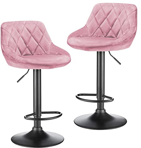 TUITUI Set di 2 Sgabelli da Bar Velluto, Sgabello Alto da Cucina con Altezza Regolabile (84, 5-105) cm, Sgabello Bar con Schienale e Poggiapiedi, Girevole 360 gradi (Rosa), 35×50×85 cm