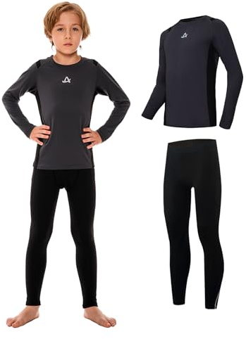 AMZSPORT Thermounterwäsche für Kinder, Skiunterwäsche und Funktionsunterwäsche für Fussball und Training im Winter, Thermowäsche für Mädchen und Jungen, Warm und Bequem, Grau L