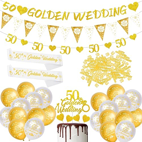 50th Wedding Anniversary Decorations,Golden Wedding Anniversary Decorations,50th Wedding Anniversary Banner,Bunting Flags,Balloons,Cake Toppers for 50th Wedding Anniversary Party Supplies