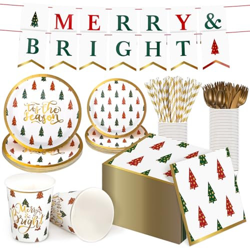 Suclain 202 Pcs Christmas Party Supplies Merry Bright Banner Xmas Tree Print Paper Plates Napkins Cups Straws Knives Forks Disposable Christmas Dinnerware Set Serves 25 Guests Xmas Holiday Decorations