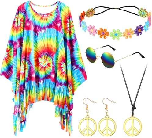 Hestya 5 Stück 60er 70er Hippie Kostüm Set Damen Hippie Tie Dye Poncho Blumen Stirnband Retro Sonnenbrille Frieden Zeichen Ohrringe Friedenszeichen Halskette für Party Outfit Zubehör(Klassisch)