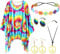 Hestya 5 Stück 60er 70er Hippie Kostüm Set Damen Hippie Tie Dye Poncho Blumen Stirnband Retro Sonnenbrille Frieden Zeichen Ohrringe Friedenszeichen Halskette für Party Outfit Zubehör(Klassisch)
