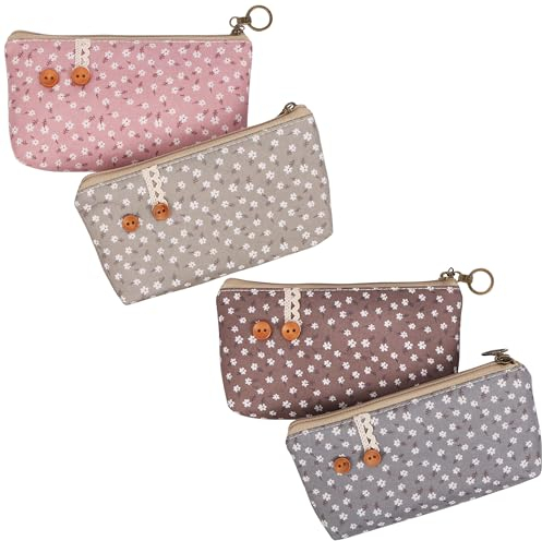 BELLE VOUS (4er-Pack Federmäppchen Aesthetic Set aus Segeltuch mit Blumenmuster - Mäppchen Aesthetic Reißverschlusstaschen für Schule, Schreibwaren, Kosmetik, Toilettenartikel, Bastelbedarf & Reisen
