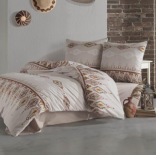 ZIRVEHOME Bettwäsche 155x220 beige, 2teilig Set, Baumwolle Bettbezug, Ethnica