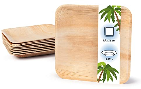 onlyleaf Palmware Haute qualité d'assiette en feuille de palmier I 200 pièces d'assiettes rectangle du feuille palmier 18 x 18 cm I Bio jetable vaisselle pour fête rapidement décomposable