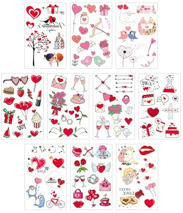 Luckious Valentine's Day Temporary Tattoos - 10 Sheets of Love-themed Face and Body Stickers for Girls, Adults, Teens - Cartoon Couple Confession Proposal Face and Arm Tattoo Stickers