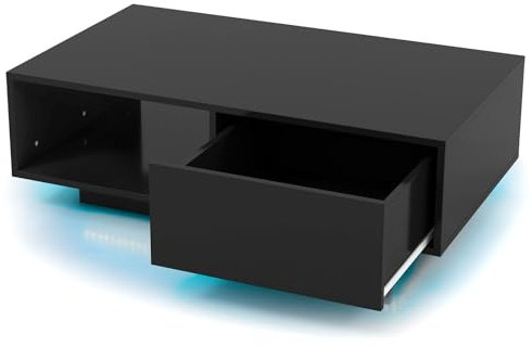 LIFEZEAL Table Basse LED 20 Couleurs, Table de Salon Blanche avec 1 Grand Tiroir et Compartiment, Télécommande et Prise USB, Table Basse Rectangulaire en Bois, 95 x 55 x 31 cm (Noir)