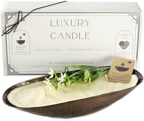 Dough Bowl Candle Company Luxury Candle - Scented Luxury Candles for Home, 12x5x2 Inch Vessel for Women and Men, Fancy 4 Wick for All Occasions (Honeysuckle Jasmine, Bronze)
