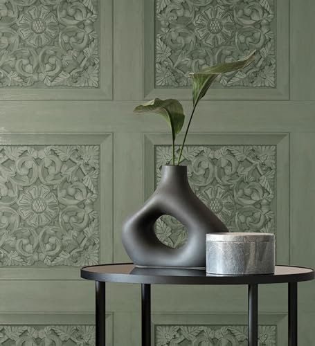 GAULAN 682361 Papier peint caissons baroques verts effet bois sculpté sans relief pour mur salon chambre couloir stanza salle à mange tête de lit - Rouleaux de 10 m x 0,53 m