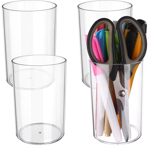 Lot de 4 pots à crayons ronds en acrylique transparent pour stylos, pinceaux de maquillage - Pour l'école, la maison, le bureau