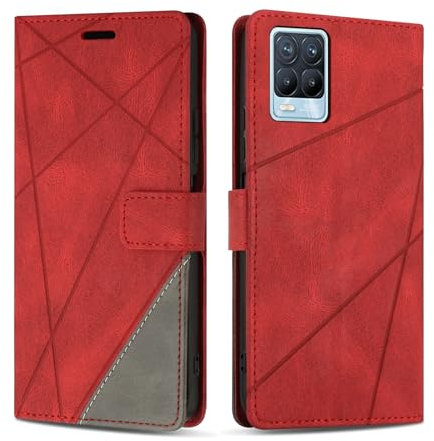 SONWO Handyhülle für Realme 8 / Realme 8 Pro Hülle, Premium PU Leder Handyhülle Wallet Silikon Schutzhülle Klapphülle für Realme 8 / Realme 8 Pro, Rot
